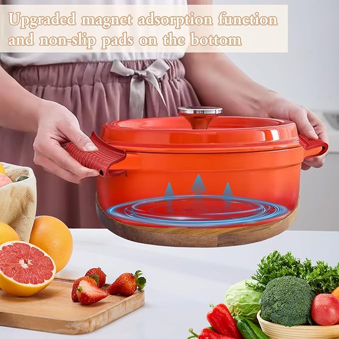 2Pcs Magnetic Wooden Trivets for Hot Pots & Pans, Heat Resistant Acacia Wood Trivets with 2 Silicone Pan Handle Covers&4 Cast Iron Handle Sleeve for Dutch Ovens Hot Pots&Pans Cast Iron Skillet