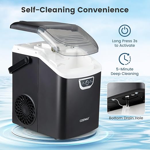 COSTWAY Nugget Ice Maker Countertop with Handle, 33 Lbs/24H Soft Chewable Ice, Ready in 6 Mins, Auto-Cleaning, Audible Ice Full Alarm, Portable Sonic Ice Machine for Home Kitchen Office, Black