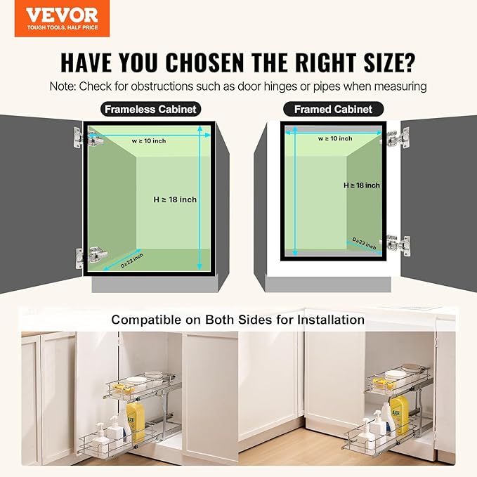 VEVOR Pull Out Cabinet Organizer,8.5" W x 21" D x15.2 HHeavy Duty Slide Out Pantry Shelves, Chrome-Plated Steel Roll Out Drawers for Home, 10" Wx22 Dx19 H Inside Kitchen Cabinet, Bathroom, Under Sink