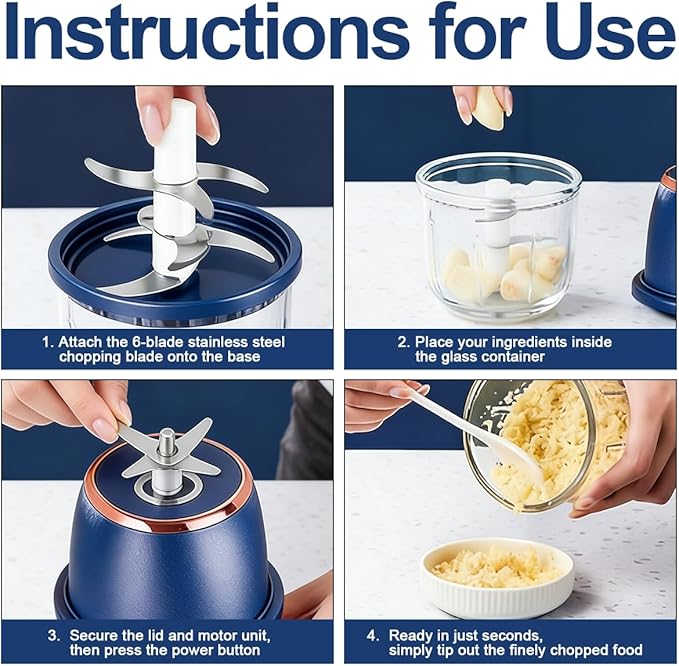 Electric Garlic Chopper, 2026 Upgraded Mini Food Processor 350ml, Cordless USB Rechargeable Food Chopper with 6 Stainless Steel Blades & Thickened Glass for Garlic Ginger Nuts Meat (350ml-White)