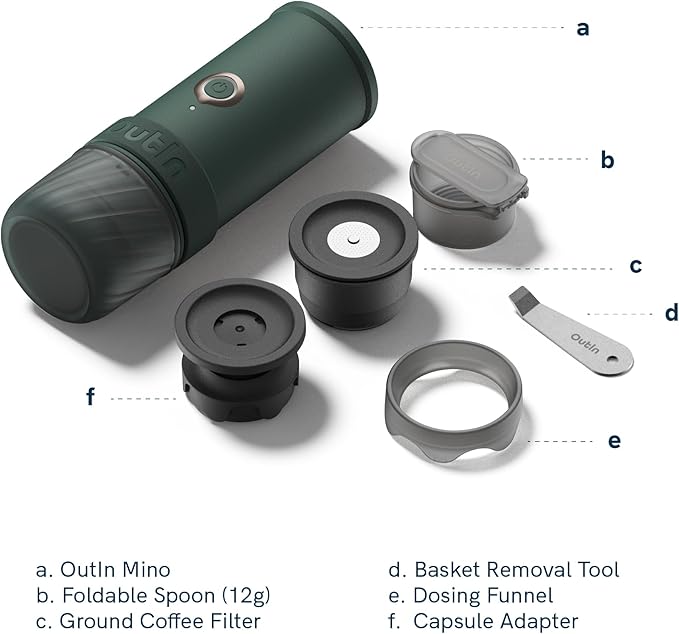 OutIn Mino Portable Electric Espresso Machine, Mini Camping Coffee Maker for Travel, Pocket Sized Coffee Machine Self-Heating, Ground Coffee & NS Capsule Adapter For Adventure