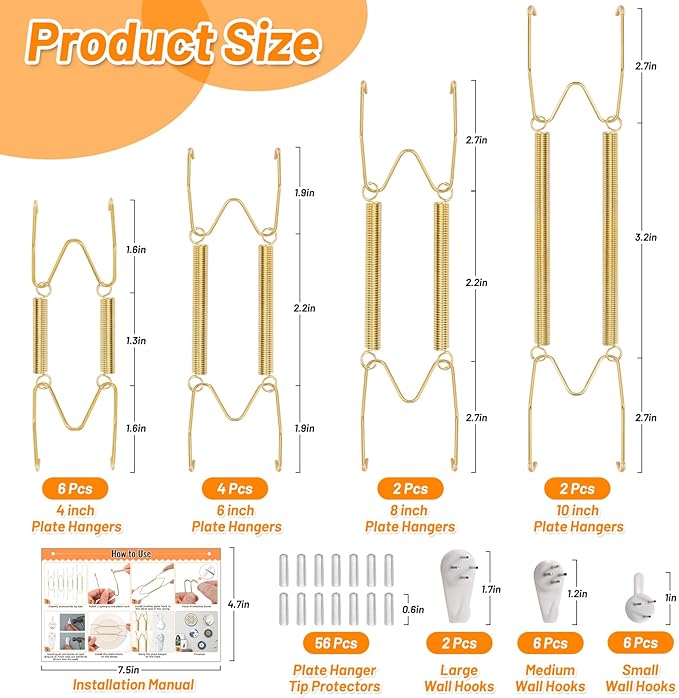 14 Pcs Invisible Plate Hangers for The Wall - 4/6/8/10 Inch Stainless Steel Decorative Plate Holers for Display, Artwork & Home Decor (Includes 14 Wall Hooks & 56 Tip Protectors & Guide)