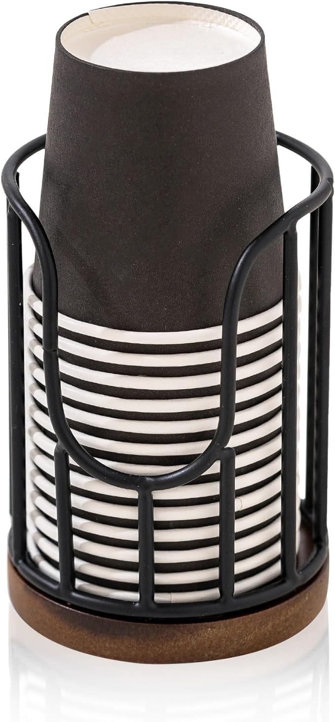 Black 2 Tier Bathroom Organizar and Black Bathroom Cup Dispenser with Acacia Wood Stand - Essential Bathroom Accessories for Toothbrush Holders & Mouthwash Cup Dispenser on Vanity Countertops