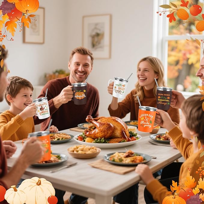 6 Pcs Thanksgiving Coffee Mugs Cups 16 Oz Fall Stainless Steel Insulated Tumblers Bulk with Handle Lid Straw Brushes Happy Thanksgiving Pumpkin Turkey Mugs Thankful Gifts for Party Birthday