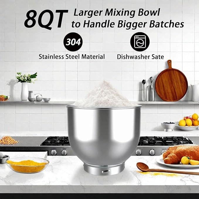 800W Stand Mixer 8 QT kitchen Dough Mixers 6+P Adjustable Speed Electric Household Mixers With Bowl,Dough Hook,Whisk And Beater For Baking,Pizza，Cake And Most Home Cooks