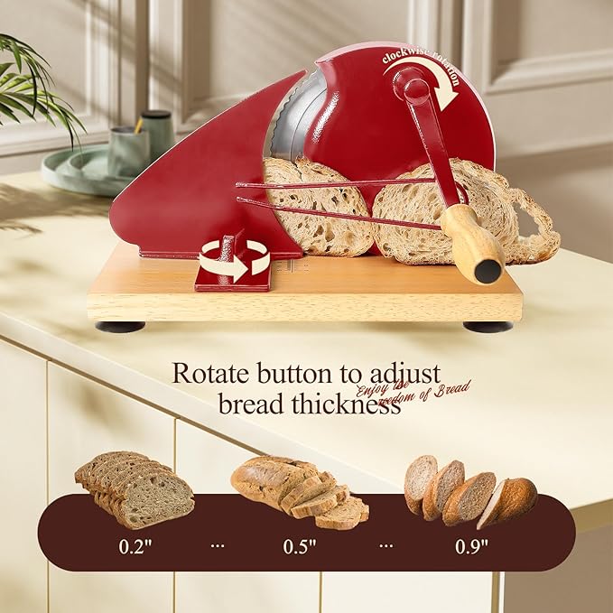 Manual Bread Slicer for Homemade Bread,Even Slicing Thickness-Adjustable Slices,Sourdough Slicer with Scale Lines&SuperStrong SuctionCup Fixation (Red-Guide)