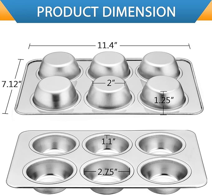 E-far Stainless Steel Muffin Pan, 6-Cup Cupcake Pan Tin for Baking, Metal Muffin Pan Tray Mold, Non-toxic & Healthy, Oven & Dishwasher Safe, Regular Size - 11.44 x 7.12 x 1.25 Inch