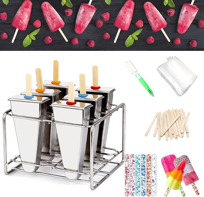 Set of 6 Stainless Steel Popsicle Molds Kit, Metal Popsicle Moulds,Homemade Ice Treat Makerwith 50 Wooden Sticks and 6 Silicone Seals and 20 Pop Bags,Cleaning Brush（Watermelon）
