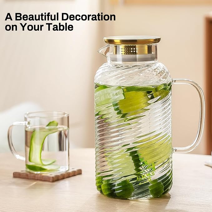 Buaic 2 PACK Glass Pitcher with Lid, 68 oz/ 2 Liter Spiral Pattern Water Pitcher,Glass Water Carafe for Cold Brew, Coffee, Lemonade, Iced Sun Tea,Beverage, Milk, Heat Resistant
