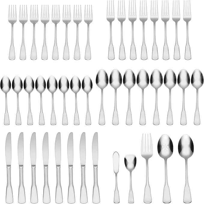 Oneida Silverware Set For 8, Colonial Boston 45-Piece Everyday Flatware Set with Serving Utensils, Service For 8, 18/0 Stainless Steel, Dishwasher Safe, Knives Spoons And Forks Sets (Silver, 45 Piece)