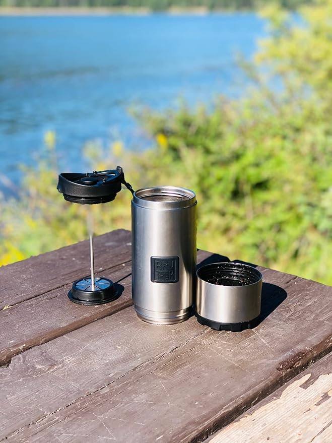 BruTrek® by Planetary Design OVRLNDR Travel Coffee French Press, 24 fl.oz, Double Wall Insulated, Easy To Clean Removable Bottom, No Spill Lid, On The Go Coffee Brewing (Snowflake White)