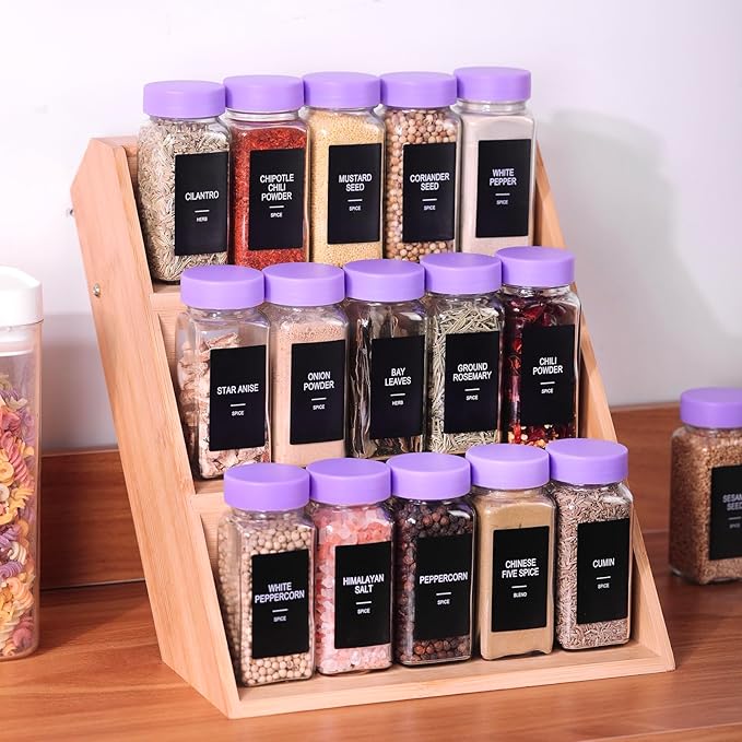 24 Glass Spice Jars with Labels, Spice Jar Set, 4oz Spice Containers, Seasoning Containers with Purple Airtight Lids and Shaker Lids, Square Empty Spice Bottles, 492 Labels, 1 Funnel