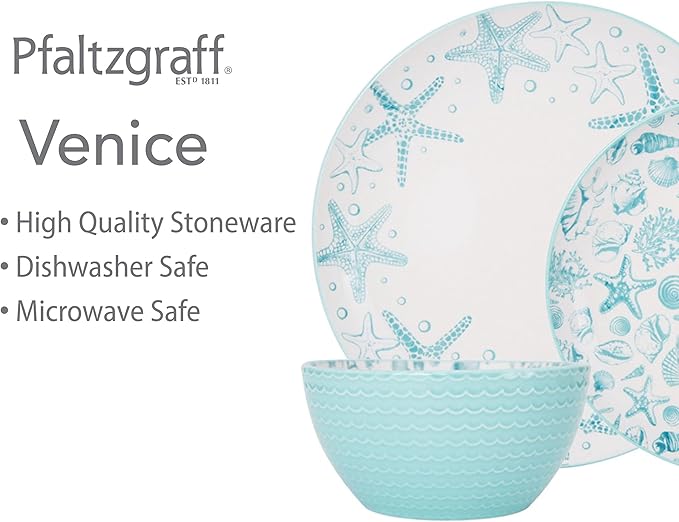 Pfaltzgraff Venice 16-Piece Stoneware Dinnerware Set, Service for 4, Aqua and White Color Combination, Durable and Chip Resistant, Microwave Safe