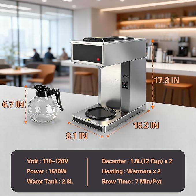 VONCI 1610W Commercial Coffee Maker, 12 Cup Drip Coffee Machine, 2 Glass Carafes and 2 Warmers, Stainless Steel Housing & Funnel, Industrial Coffee Maker for Offices, Hotels, Home