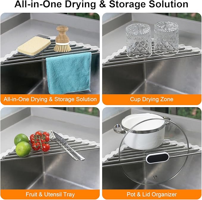 Sink Caddy Sponge Holder for Kitchen Sink, Small Dish Drainer for Kitchen Counter, Triangle Sink Brush Drainer Rack, Collapsible Dishes Drying Rack Over Sinks, Dishrack Utensil Holder Dryer White