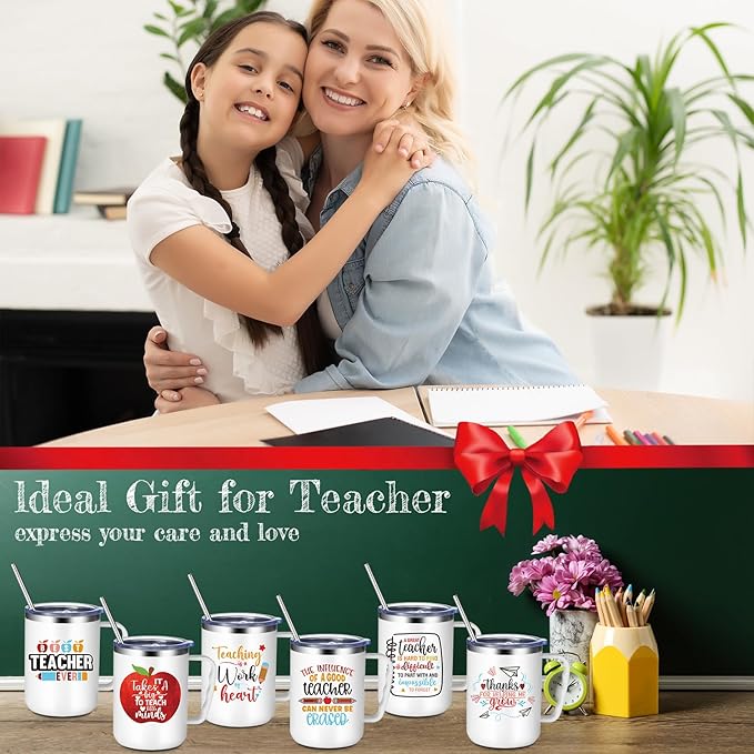 Maxcheck 6 Pcs Christmas Teacher Appreciation Gifts Mugs Bulk 16oz Thank You Teacher Stainless Steel Tumblers Inspirational Insulated Coffee Cups with Handle Lids Straw for Women Birthday Gifts