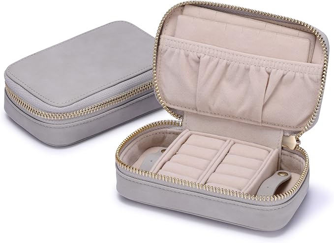 HISCOW Vegan Leather Travel Jewelry Case with Zipper - Portable Necklace & Earring Holder Organizer for Women Girls, Velvet-Lined Ring Box with Anti-Tarnish Design, Stone