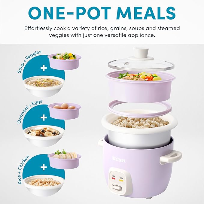 AROMA® CoreCoat Rice Cooker with Pop-Up Food Steaming Basket (4 Cups Cooked, 2 Cups Uncooked, 1 Qt)