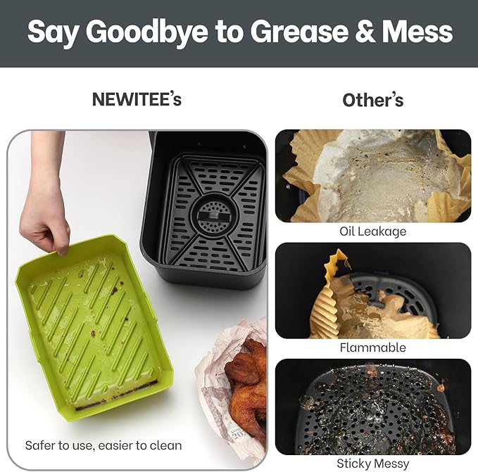 NEWITEE Air Fryer Silicone Liners 10QT For Ninja DZ550/DZ401, 2 Pack BPA Free Platinum Silicone Air Fryer Basket Liner with Handle, Rectangle Dual Basket Air Liners, Upgraded