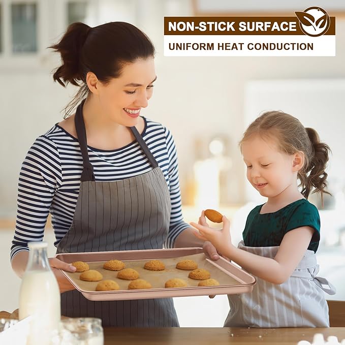 Wildone 2 Pack Half Sheet Baking Pans, Nonstick Baking Sheet for Oven, Thicker Carbon Steel Cookie Sheet 17.5x12 Inch, Heavy Duty & Easy Clean, Rose Gold