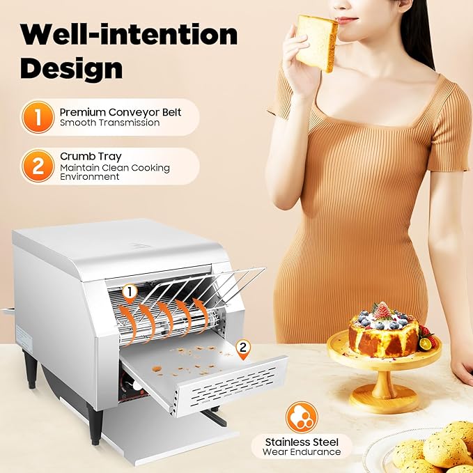 Commercial Stainless Steel Conveyor Toaster 300 Slices/Hour 2200W Heavy Duty Electric Industrial Belt Toasters Oven with Three Baking Modes for Home & Restaurant Use