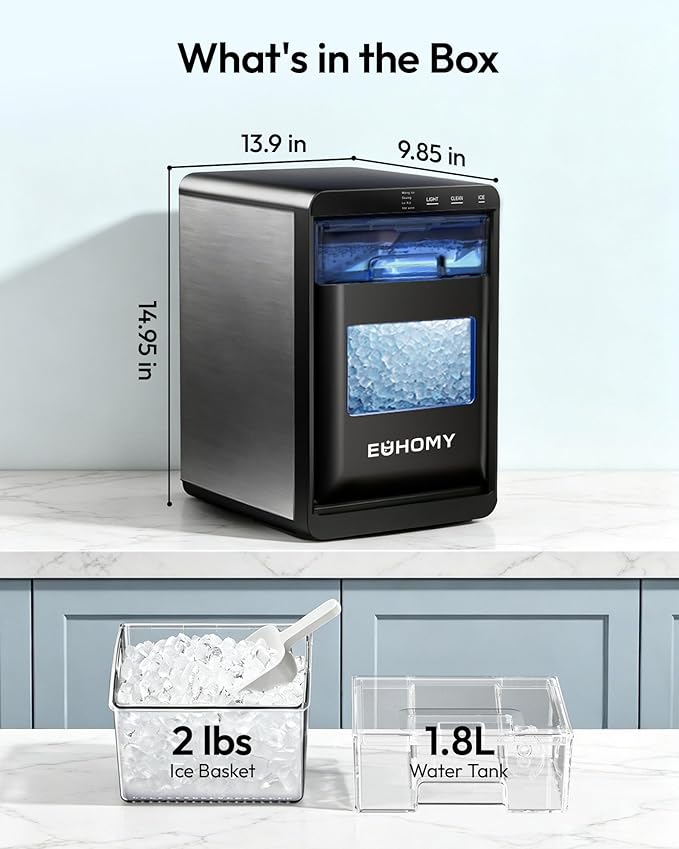 EUHOMY Nugget Ice Maker Countertop, 44Lbs/24H Sonic Ice Maker Machine, Self-Cleaning Pellet Ice Makers with Ice Scoop&Basket, Countertop Pebble Ice Maker for Home/Kitchen/Office