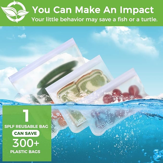 SPLF 6 Pack Dishwasher Safe Reusable Gallon Freezer Bags, BPA FREE Extra Thick Reusable Storage Bags Leakproof Silicone and Plastic Free for Marinate Meats, Cereal, Sandwich, Snack, Travel Items