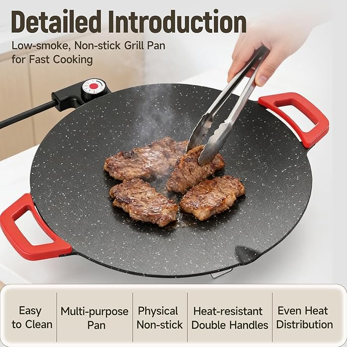 Non-Stick Electric Indoor Grill Pan, Large Round Electric Griddle & Smokeless Korean BBQ Grill Indoor - fast heating, portable, for burgers, pancakes & stovetop use (Extra Large)