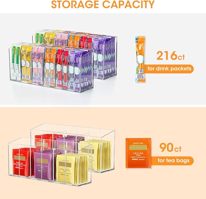 AIEVE 2 Pack Drink Packet Organizer, Water Drink Packet Holder with Removable Dividers for Pantry Organizers and Storage, Water Flavor Powder Mix Holder for Kitchen Storage Organization
