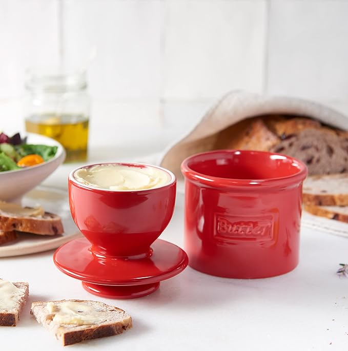 Butter Bell - The Original Butter Bell crock by L Tremain, a Countertop French Ceramic Butter Dish Keeper for Spreadable Butter, Café Retro Collection, Maraschino Red, Glossy Finish