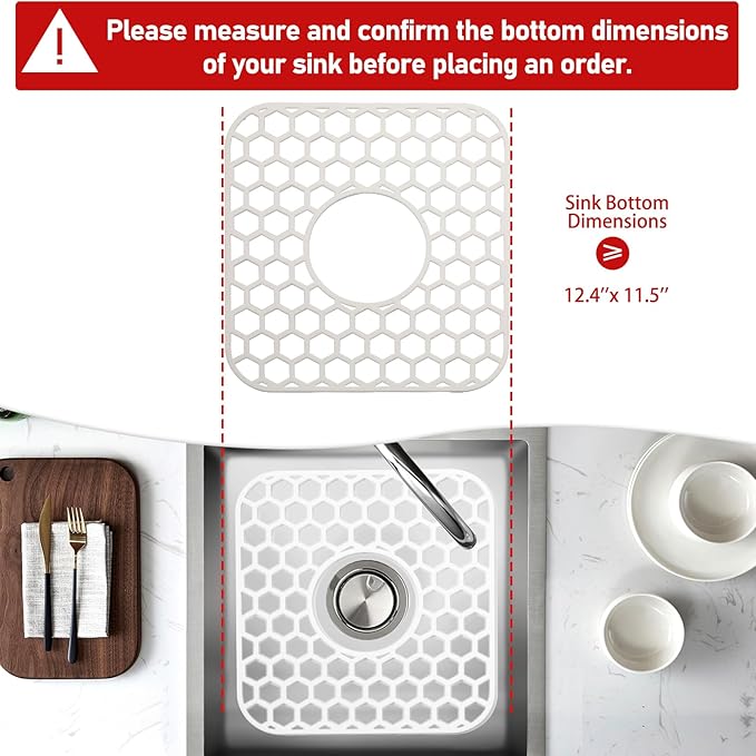 Bestjing Silicone Sink Protectors for Kitchen Sink - 12" x 11" Kitchen Grid Accessory, Non-Slip Heat-Resistant Mat for Bottom of Porcelain Stainless Steel, Dishwasher Safe (White)