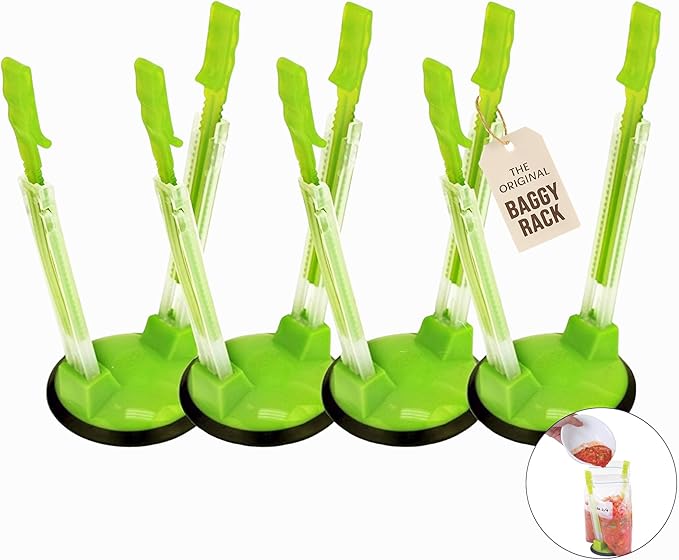 Jokari Adjustable Baggy Rack Stand 4-Pack, Hands-Free Freezer Bag Holder for Gallon, Quart and Sandwich Size Storage Bags, Ideal for Pouring Leftovers, Meal Prep, and Drying Washed Bags