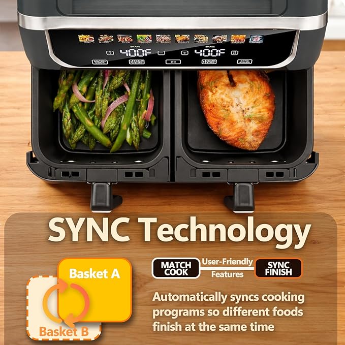 Simple Deluxe 9.5-Qt Dual Basket Air Fryer, 10-in-1 Digital Preset 1700W Airfryer, Sync Cook, Independent Temp Control, Shake Reminder, Nonstick Basket, Grey