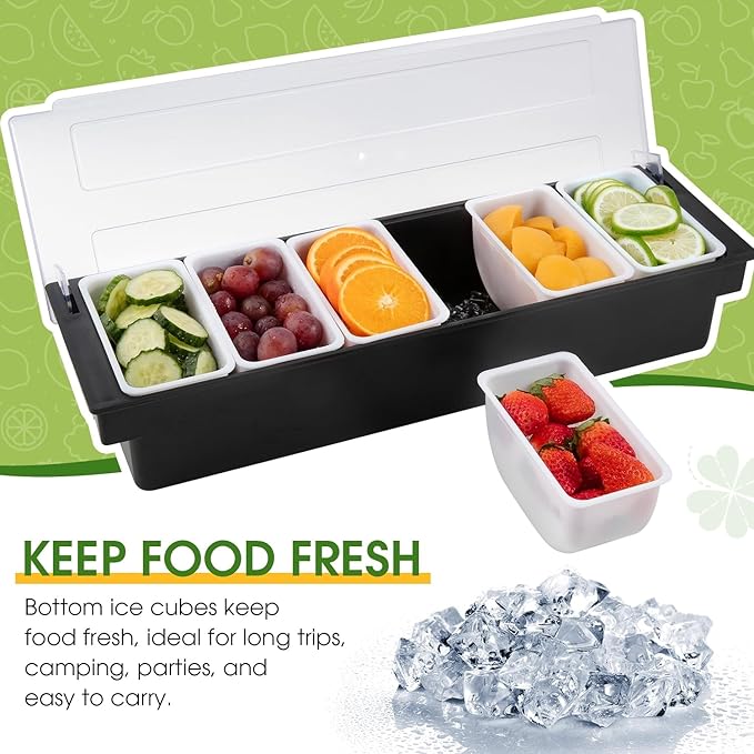 Ice Cooled Condiment Serving Container Fruit Veggie Condiment Caddy Plastic Garnish Station with Lid for Fruit,Ice Cream,Salad Bar-Topping Organizer for Restaurant Supplies (6 Compartments)