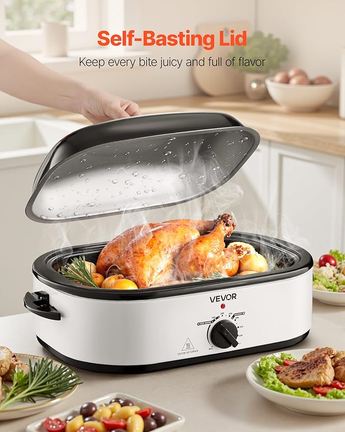 VEVOR Roaster Oven, 18QT Electric Roaster Oven, 150-450℉ Adjustable Temperature Electric Roasting Pan, Multifunctional Electric Roasters with Self-Basting Lid, Removable Pan and Rack for Holiday