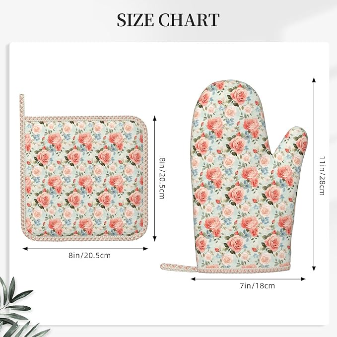 Oven Mitts and Pot Holders Rose Flower Vintage Botanical Silicone Kitchen Accessories Set of 4 Heat Resistant Long Gloves Potholder Non-Slip Grip for Chef Cooking Baking Grilling BBQ