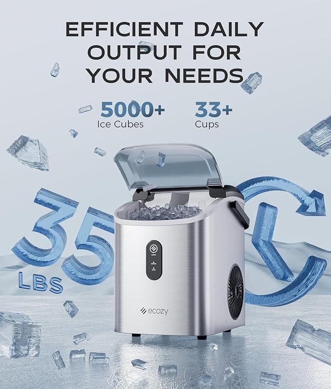 ecozy Nugget Ice Maker Countertop, Smart Portable Crushed Ice Maker with Voice Control, Pellet Chewable Ice 33lbs/24H, Self-Cleaning, with APP WiFi, Timer Function and Status Alerts, Bonus TDS Meter
