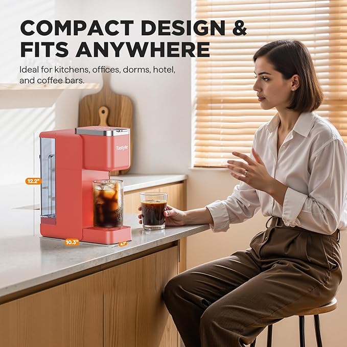 Tastyle Single Serve Coffee Maker, Iced and Hot Coffee Machine for K Cup & Grounds, Compact Design, 40oz Removable Water Reservoir, 6 to 24 Oz Brew Sizes, Fits 7.3" Travel Mug, Salmon
