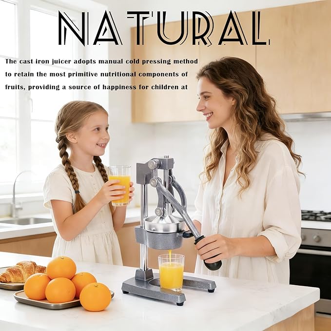 Cast Iron Juicer, Cast Iron Juicer Hand Press Heavy Duty, Peel-Free Juicing, Professional Lemon Orange Pomegranate Squeezer, Effortless, Stable, Easy Clean for Home, Bar, Commercial Use