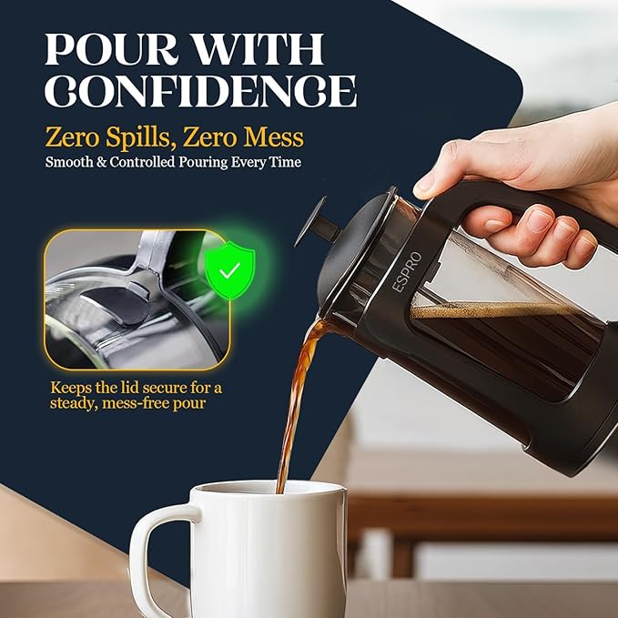 ESPRO Light P3 French Press Coffee Maker – Patented Double Micro-Filter for Grit-Free Brew, Heat Resistant thicker Borosilicate Glass Coffee press – (Black 17 oz)