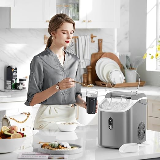 Croze Nugget Ice Maker Countertop with Self-Cleaning Function, Sonic Ice Maker Machine with Handle, 35lbs/Day High Capacity, Compact Design for Home & Office Use (Grey)