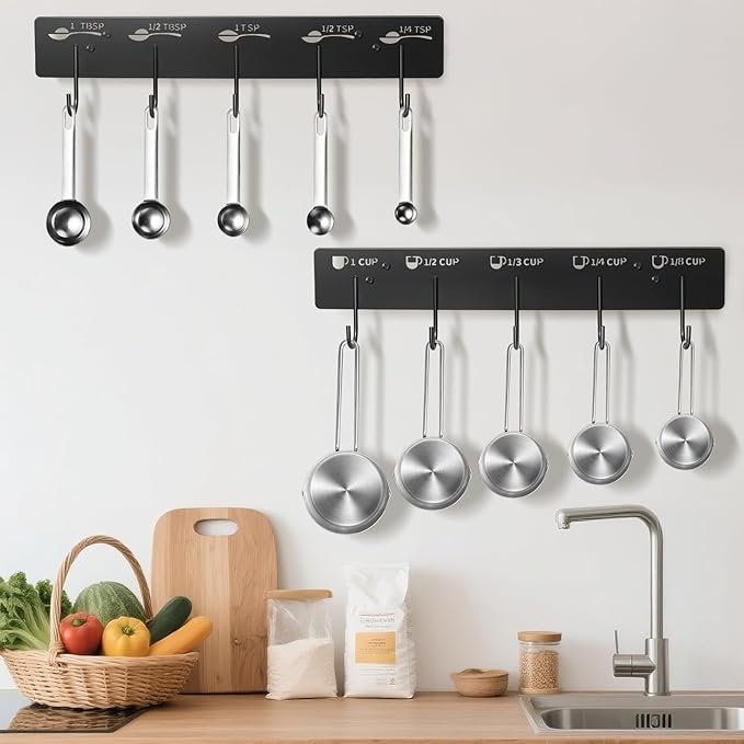 2 Pack Measuring Cups and Spoons Hanging Rack, Black Hanging Cups and Spoons Rack, Space Saving Kitchen Utensil Holder, Including Screw and Adhesive Mounting