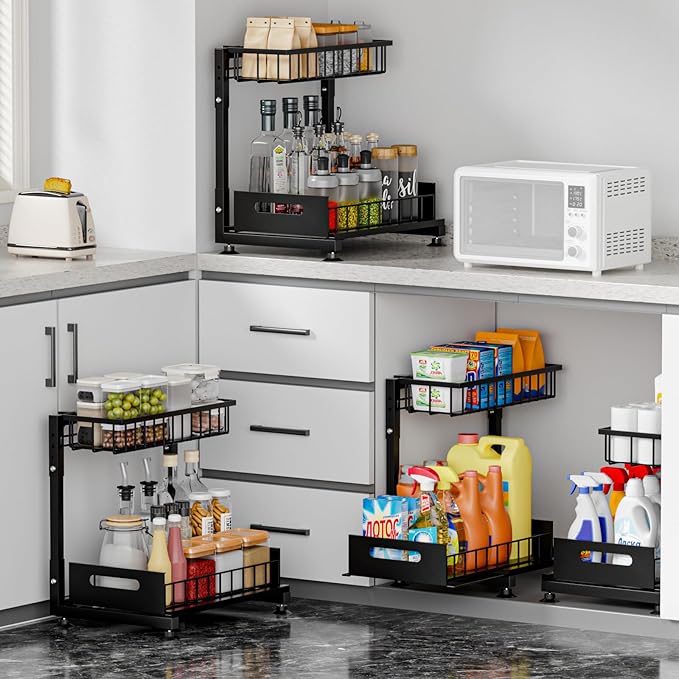 L-Shaped Under Sink Organizer, 2 Pack 2-Tier Pull Out Metal Kitchen Cabinet Organizer with Sliding Storage Drawer, Height Adjustable Heavy Duty Under Bathroom Sink Storage for Cleaning Supplies