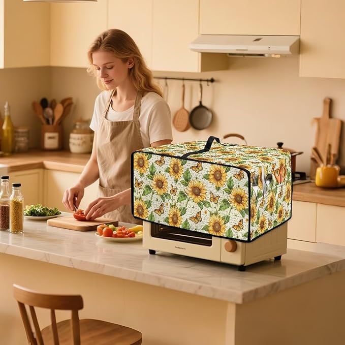 Countertop Convection Oven Cover Dust-Proof Toaster Oven Cover with Accessories Pockets, Countertop Convection Oven Protector, L, Sunflower Butterfly Retro Letter Print