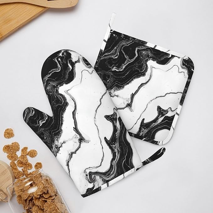 Oven Mitts and Pot Holders Marble Black White Liquid Abstract Silicone Kitchen Accessories Set of 4 Heat Resistant Long Gloves Potholder Non-Slip Grip for Chef Cooking Baking Grilling BBQ