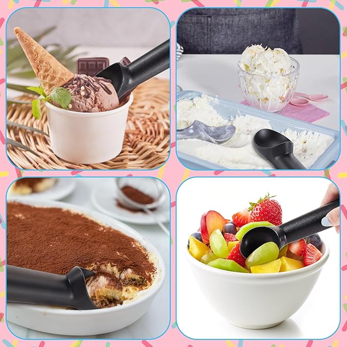 Gejoy 8 Pcs Ice Cream Scoop 7 Inch Nonstick Anti Freeze Ice Cream Scooper Aluminum Design Dessert Spoon for Gelatos Frozen Yogurt Fruit Sundaes Sorbet Almond Cookie Dough (Black)