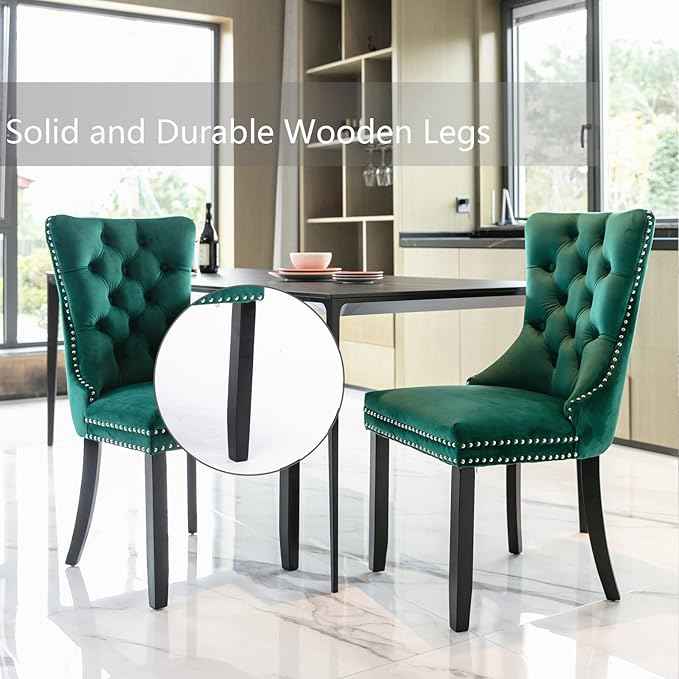 Green Velvet Dining Chairs Set of 4, Upholstered Dining Room Chairs with Back Ring Pull Trim and Solid Wood Legs, Tufted Wingback Kitchen Chairs for Dining Room,Living Room,Kitchen(Green)