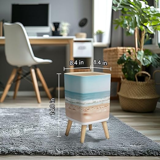 Small Trash Can with Lid Blurred sea Wastebasket with Press Cover Dog Proof Garbage Can Waste Bin for Kitchen Bathroom Nursery 2.6 Gallon