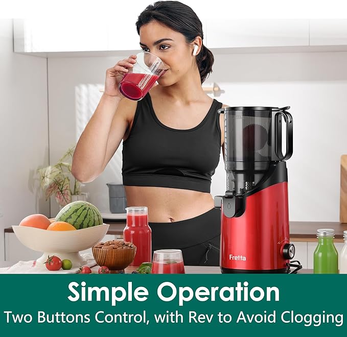 Cold Press Juicer Machines,Fretta Juicer Machines with PCTG Material from the USA,5.3" Extra Large Feed Chute Fit Whole Fruits & Vegetables,Truly BPA-Free,Easy to Clean,250W (Red, 1.8L)