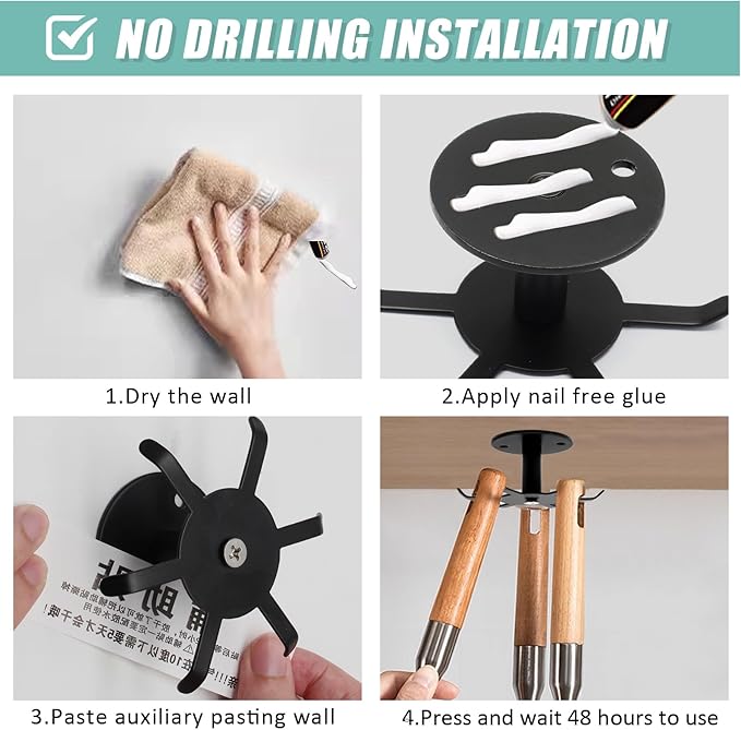 Zorfeter 2 PCS Under Cabinet Kitchen Utensil Hooks, Stainless Steel Utensil Racks 360°Rotating Drilling Free Adhesive Utensils Hanging Rack Holder, Black